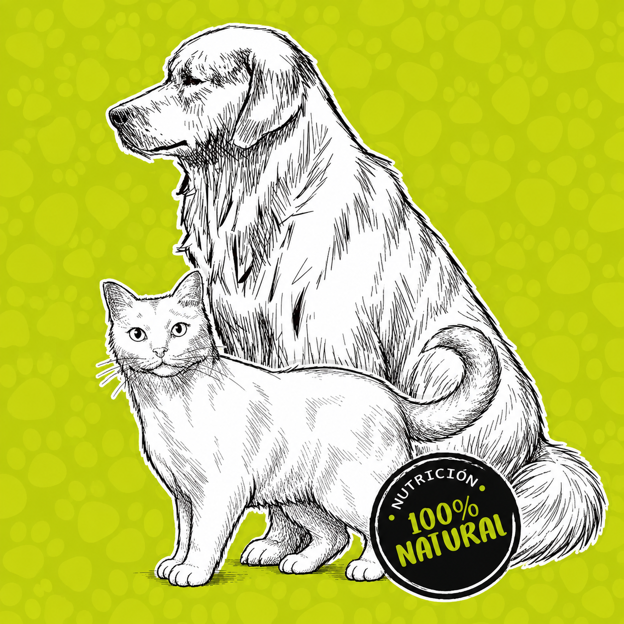 Ilustración completa de un perro y un gato junto al sello 100% natural de CANNAT