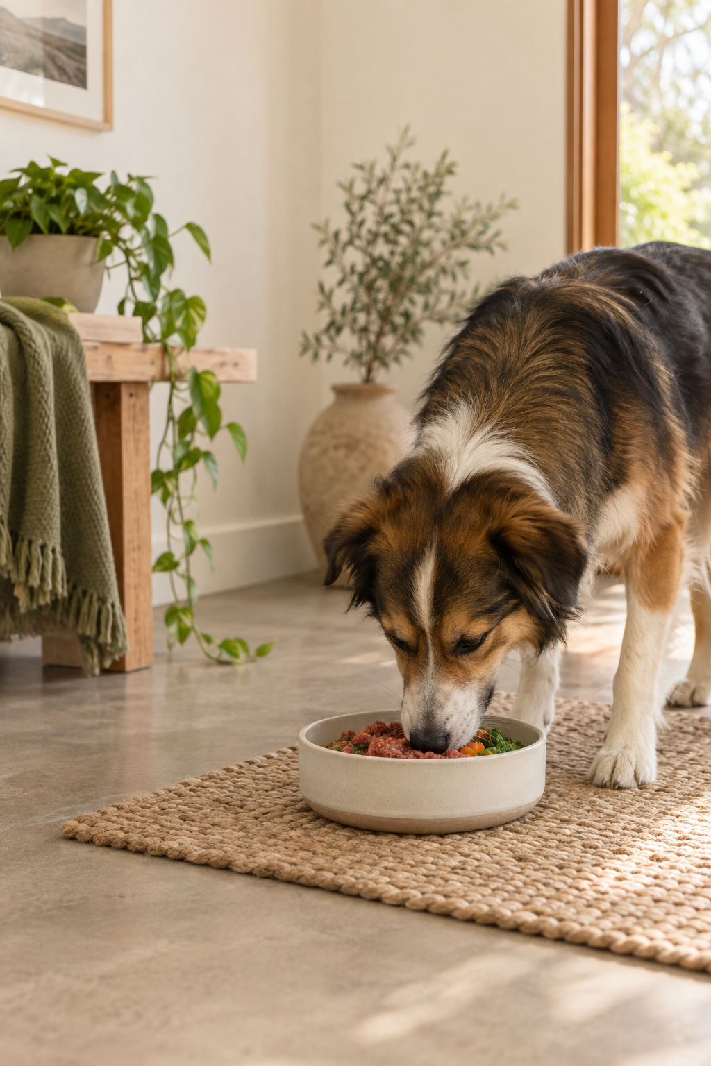 Perro comiendo alimento natural desde un plato