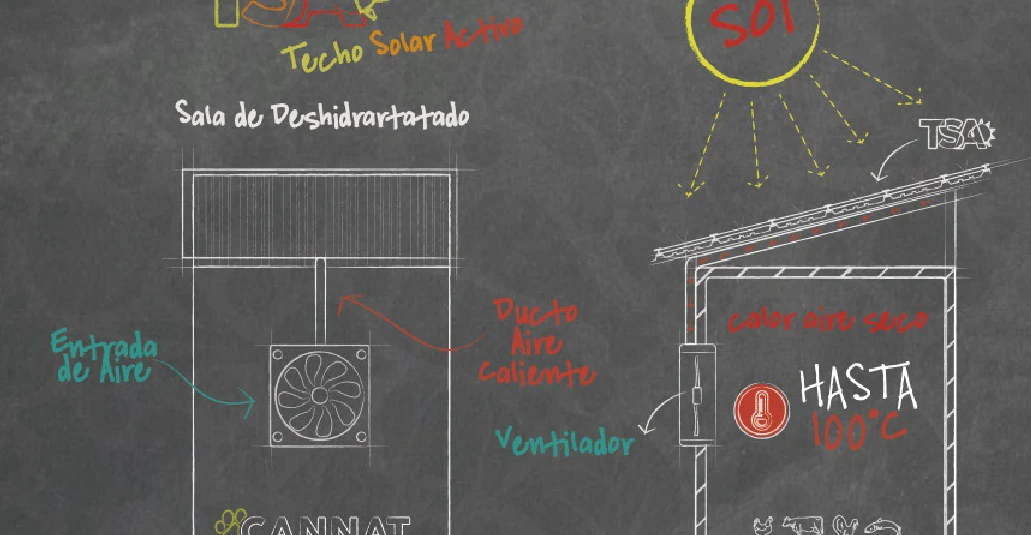 Esquema del Techo Solar Activo, con entrada de aire y sala de deshidratado